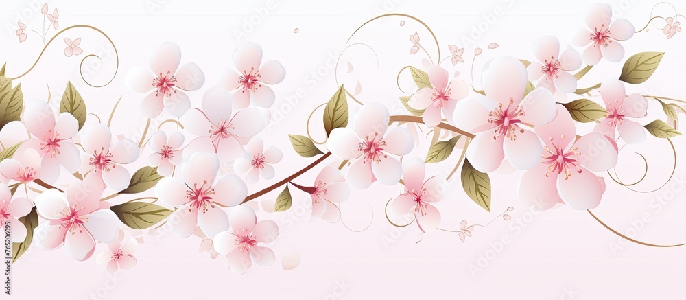 A delicate border featuring pink flowers and green leaves on a white background, creating a seamless design perfect for any event or art project