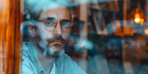 A small business owner looks through the window of his empty store facing the economic impact of technology. Concept Small Business Owner, Empty Store, Economic Impact, Technology Advancements