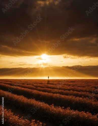 A lone figure stands silhouetted against a dramatic sunset, bathed in the warm light that washes over an endless field, evoking solitude and reflection.