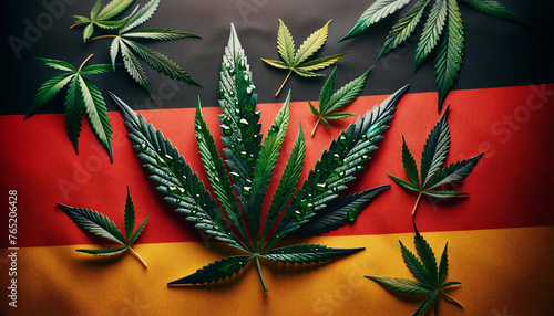 Cannabis leaves are gracefully scattered across the horizontal stripes of the German flag. Concept of legalization of cannabis in Germany. photo