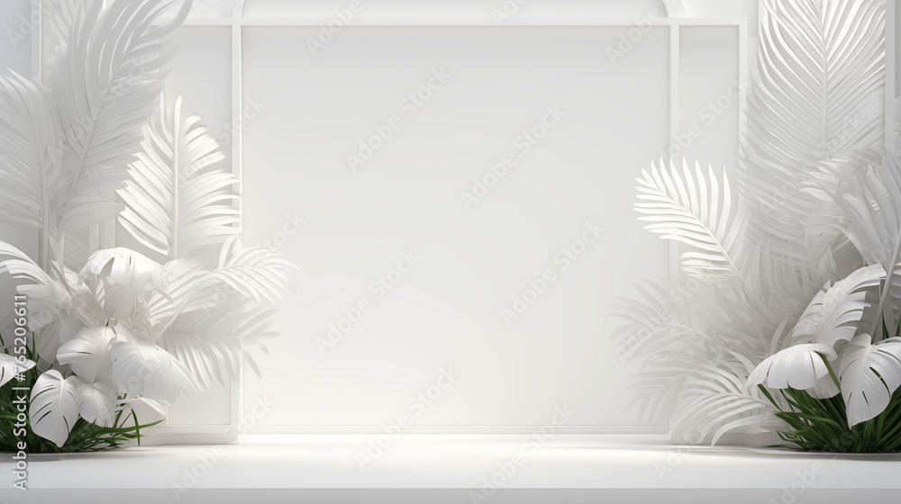 Fond d'un mur blanc en intérieur, avec plantes et reflet de lumière. Ambiance claire. Arrière-plan pour conception et création graphique.	 - obrazy, fototapety, plakaty 