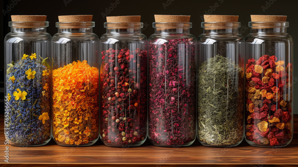 Collection Of Botanical Ingredients In Jars For Gourmet Infusions - obrazy, fototapety, plakaty 