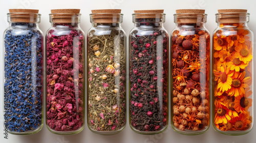 Assorted Dried Herbs And Flowers In Clear Jars With Cork Lids