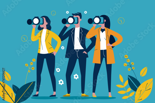 Proactive candidate sourcing, recruiters searching for top talent using binoculars, HR professionals actively seeking qualified job applicants and building talent pipelines.