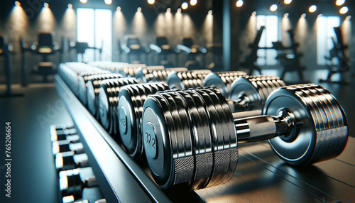 Metal dumbbells neatly laid out on a shelf in the gym. The lighting highlights the textured handle of each dumbbell and casts subtle shadows on the shelf, highlighting the variety of sizes and weights