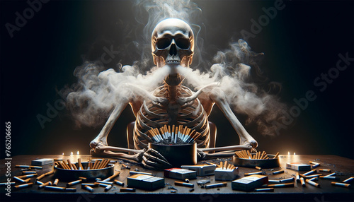 Human skeleton sitting at a wooden table. The skeleton has several cigarettes clenched between its teeth, the smoke billowing upward. The table is littered with ashtrays filled with cigarette butts an photo