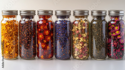 A Selection Of Dried Botanicals In Jars Against White Backdrop