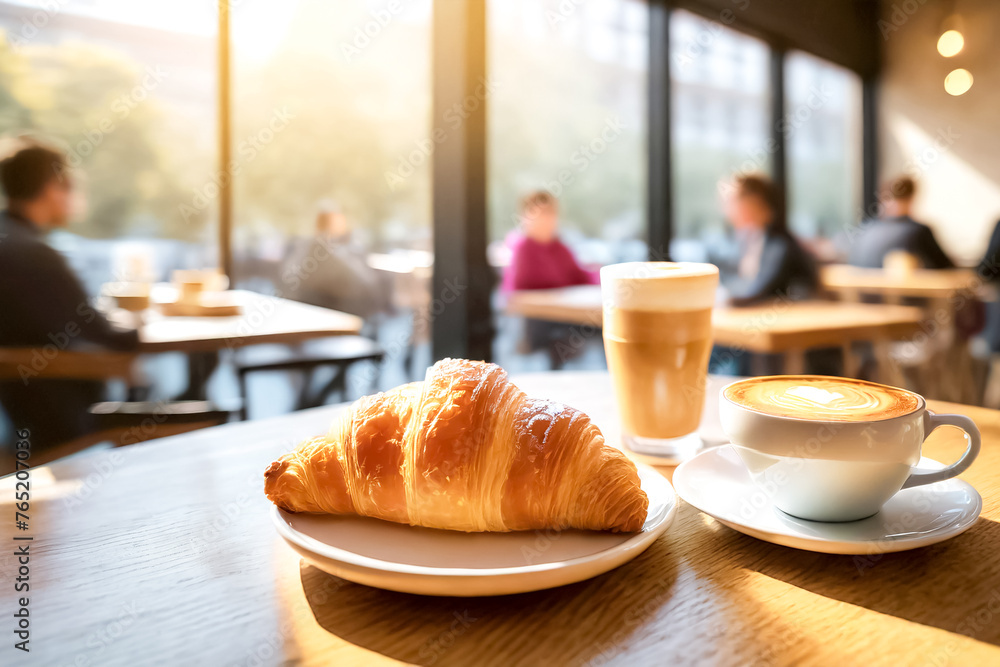 Im Vordergrund ein Croissant, im Hintergrund ein Cafe mit Gästen Im Vordergrund ein Croissant, im Hintergrund ein Cafe mit Gästen