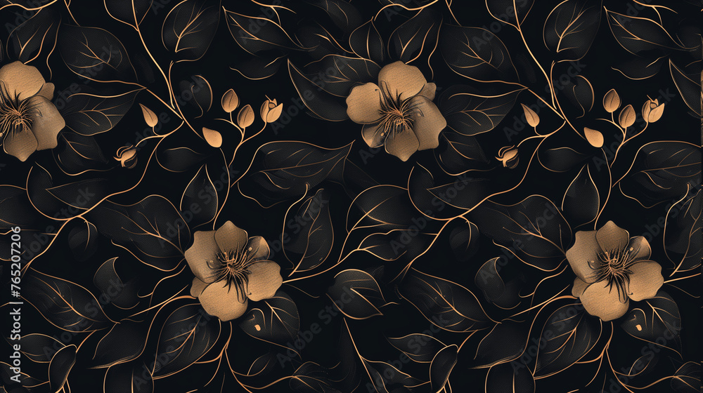 Seamless pattern. Golden flowers art on dark background. Luxury gold design for prints, banner, fabric, poster, cover, digital arts. Seamless pattern. Golden flowers art on dark background. Luxury gold design for prints, banner, fabric, poster, cover, digital arts.