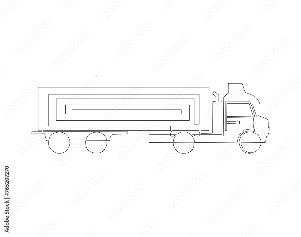 Continuous Line Drawing Of Cargo Truck. One Line Of Containers Truck. Truck Continuous Line Art. Editable Outline.
