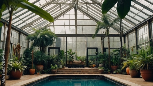 tropical greenhouse with pool inside, luxurious