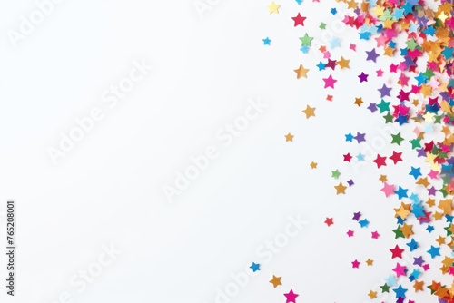 Colorful star-shaped confetti scattered on a white background, perfect for festive and celebratory designs. Colorful Star Confetti on White Background Celebration