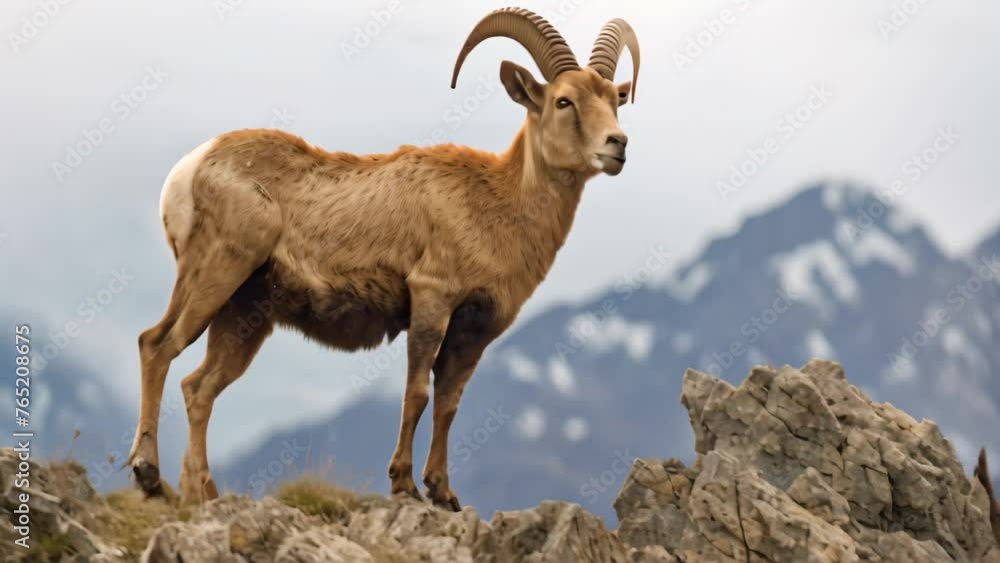 Barbary sheep Ovis orientalis standing on a rock. Barbary sheep Capra ibex on the slope of a mountain, AI Generated Barbary sheep Ovis orientalis standing on a rock. Barbary sheep Capra ibex on the slope of a mountain, AI Generated