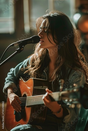 young beautiful teenager playing the guitar and singing