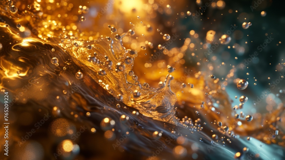 A dynamic close-up of golden liquid in mid-splash, capturing droplets in sharp detail against a dark background, illustrating motion and fluidity A dynamic close-up of golden liquid in mid-splash, capturing droplets in sharp detail against a dark background, illustrating motion and fluidity