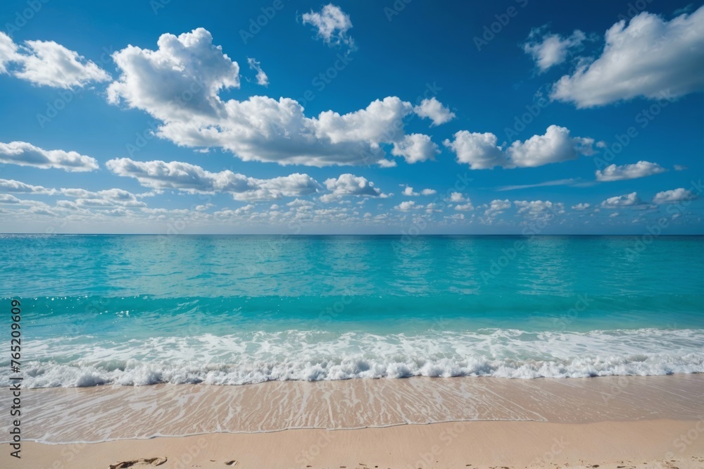 Fototapeta premium A split level shot of turquoise ocean water and clouds in a blue sky