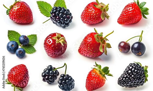 The image features a white surface topped with a variety of berries and mint leaves. There are red strawberries  blueberries  and raspberries scattered across the surface. 