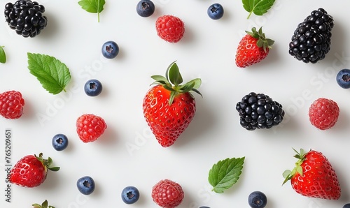 The image features a white surface topped with a variety of berries and mint leaves. There are red strawberries, blueberries, and raspberries scattered across the surface. 