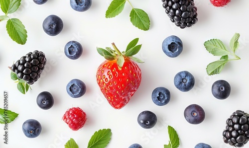 The image features a white surface topped with a variety of berries and mint leaves. There are red strawberries, blueberries, and raspberries scattered across the surface. 