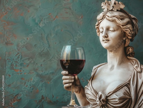 A statue of a woman holding a glass of red wine in front of a green wall.