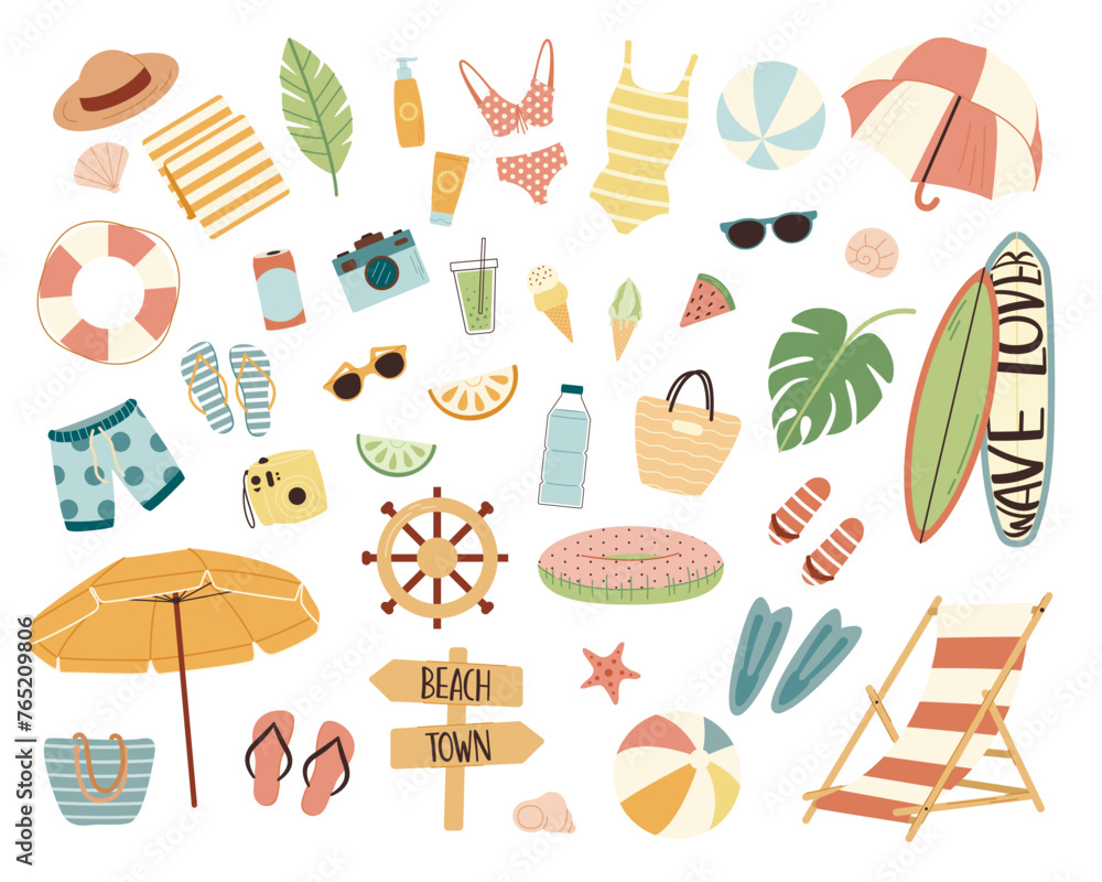 Summer elements isolated on white background. Travel, beach, summertime accessory set. Vector illustration. Flat style Summer elements isolated on white background. Travel, beach, summertime accessory set. Vector illustration. Flat style