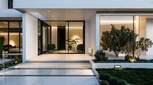 A contemporary entrance to a spacious white house, featuring clean lines and understated elegance. The front door, adorned  © Muhammad