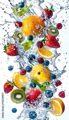 A variety of fruit, including oranges and apples, are falling into water and creating a splash.