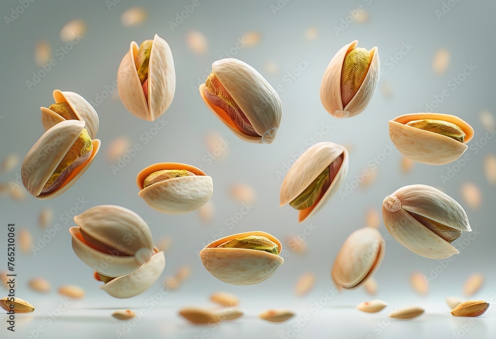In this image, there are multiple pistachio nuts falling in a pile of nuts. The background is a light blue color.