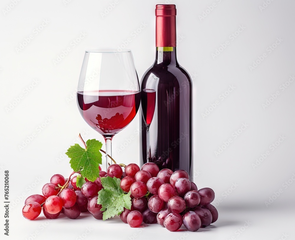 A bottle and a glass of red wine with purple grapes and green leaves.