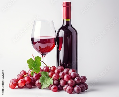 A bottle and a glass of red wine with purple grapes and green leaves.