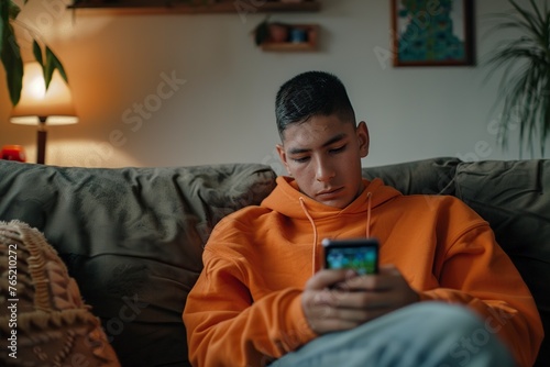 Young Man Sitting on Couch Looking at Cell Phone