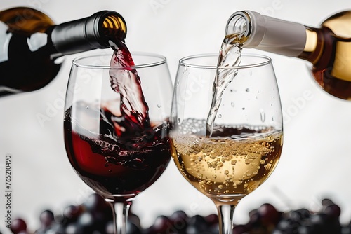 A bottle pours red wine into a glass on the left, while a bottle pours white wine into a glass on the right.