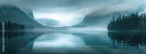 Beautiful lake in misty morning. Forest and clouds are reflected in the calm water surface. Norwegian landscape with dark forest and lake among low clouds. Nature, ecology, eco tourism	