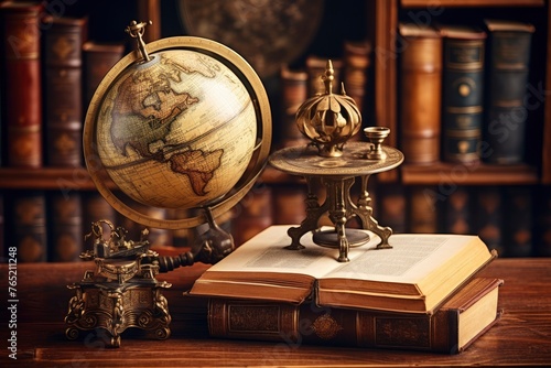 Old geographical globe and map and old book in cabinet. Science, education, travel background. History and geography team. Ancience, antique globe on the background of old map - generative ai photo