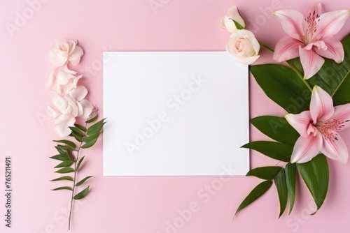Flat lay of a blank white paper surrounded by a frame of delicate pink roses and lilies on a pastel background. Blank Paper with Pink Roses and Lilies Frame