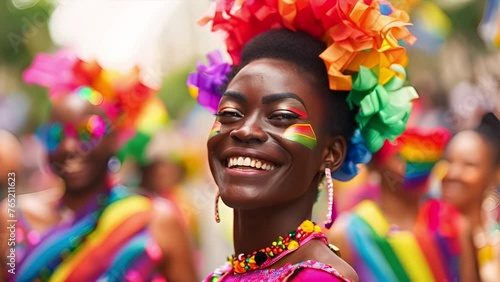 Gay African American man with face paint, wearing sun glasses and and with a rainbow curly wig smiling proudly at a gay pride event photo