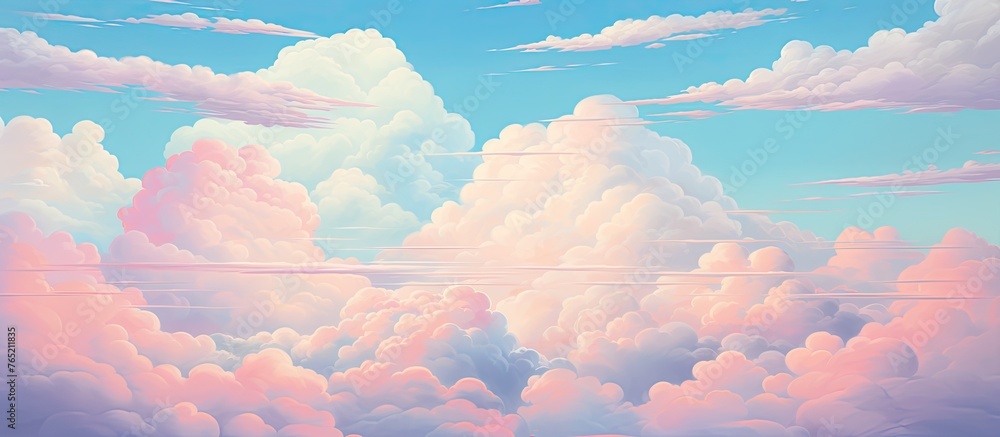 A natural landscape painting capturing pink and white cumulus clouds in an azure sky, creating a serene atmosphere with a hint of afterglow as dusk approaches