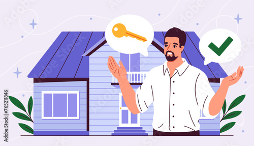 Real estate purchase concept. Man near building with golden keys. Financial literacy and passive income. Trading and investing. Cartoon flat vector illustration isolated on violet background
