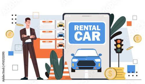 Rental car service concept. Man near smartphone with blue automobile. Mobile application for automobile rent. Deals with transport. Cartoon flat vector illustration isolated on white background