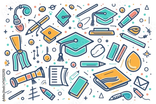An editable stroke graduation illustration featuring various icons related to education, such as books, pencils, graduation caps, and the traditional diploma scroll.