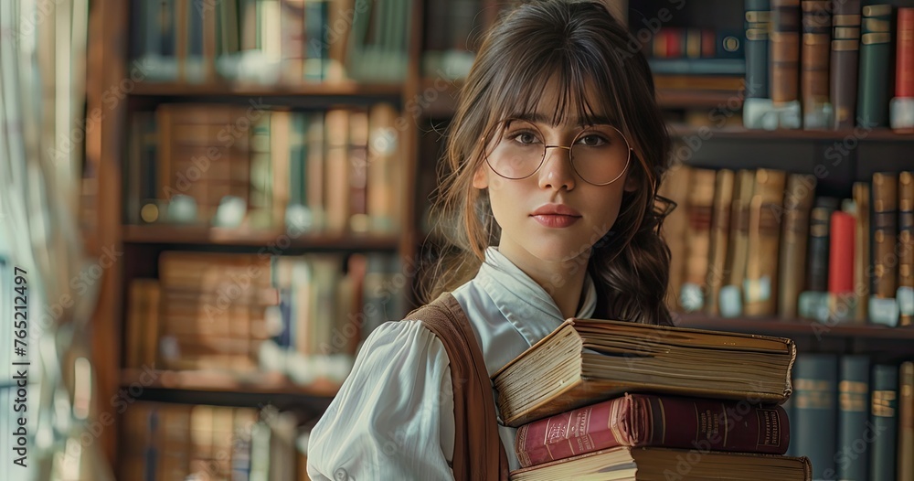 A librarian in professional attire, holding a stack of books, standing in a library, photorealistik, solid color background A librarian in professional attire, holding a stack of books, standing in a library, photorealistik, solid color background