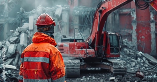 A demolition crew member in safety gear, operating demolition equipment, at a site, photorealistik, solid color background photo