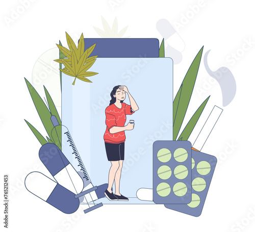 Say no to drug simple. Woman with pills and drugs and syringe. Health care and medicine, treatment. Psychological addiction and illness. Doodle flat vector illustration isolated on white background