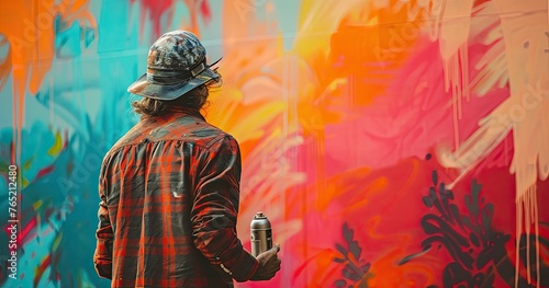 A graffiti artist in casual attire, holding a spray can, standing in front of a mural, solid color background