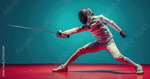 A professional fencer in fencing gear, competing in a fencing bout, photorealistik, solid color background photo