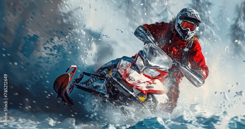 A professional snowmobile racer in racing gear, competing in a snowmobile race, photorealistik, solid color background