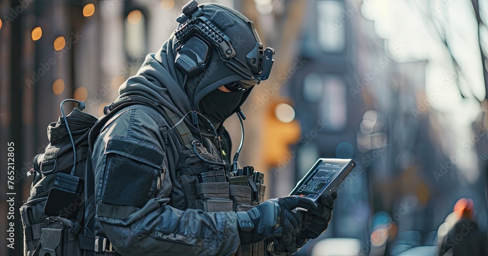 A bounty hunter in tactical gear, reviewing information on a digital tablet, in an urban environment, photorealistik, solid color background A bounty hunter in tactical gear, reviewing information on a digital tablet, in an urban environment, photorealistik, solid color background