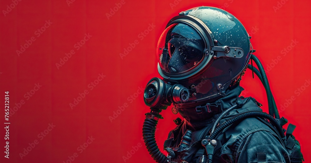 A commercial diver in diving gear, preparing for an underwater operation, photorealistik, solid color background A commercial diver in diving gear, preparing for an underwater operation, photorealistik, solid color background