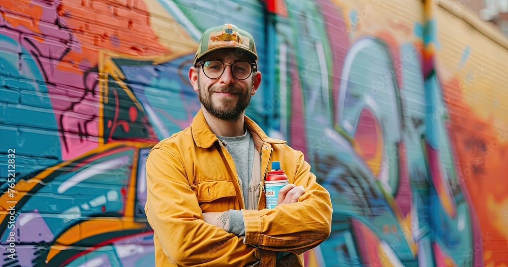 A graffiti artist in casual attire, holding a spray can, standing in front of a mural, solid color background A graffiti artist in casual attire, holding a spray can, standing in front of a mural, solid color background