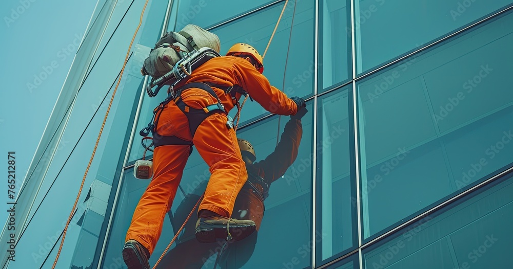 A high-rise window washer in safety gear, hanging from a harness, cleaning a skyscraper window, solid color background - obrazy, fototapety, plakaty 